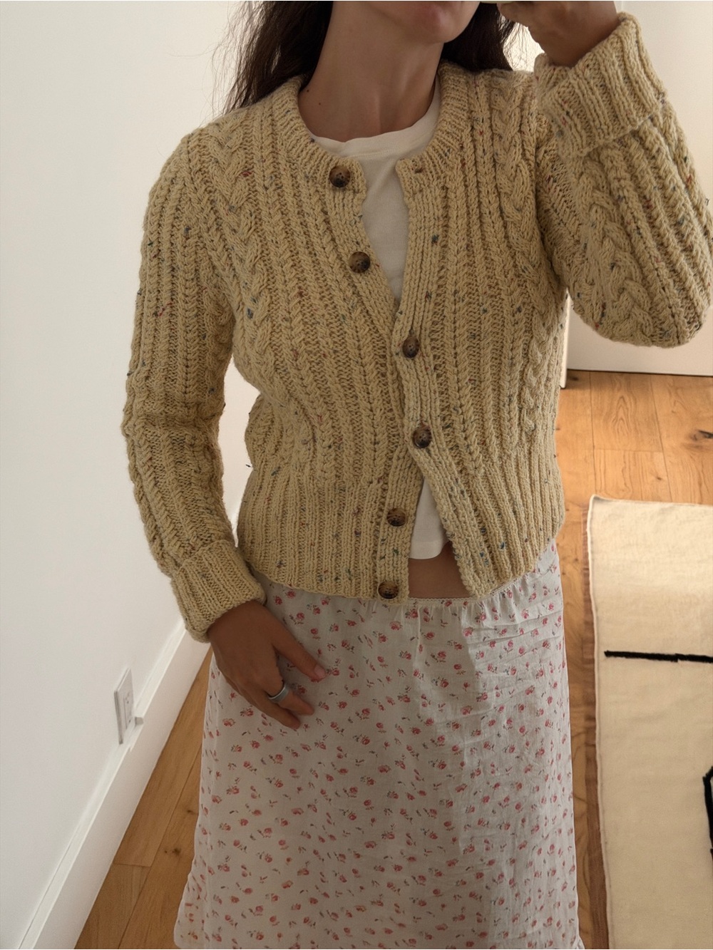 Doen Cream Cable-Textured Button Cardigan